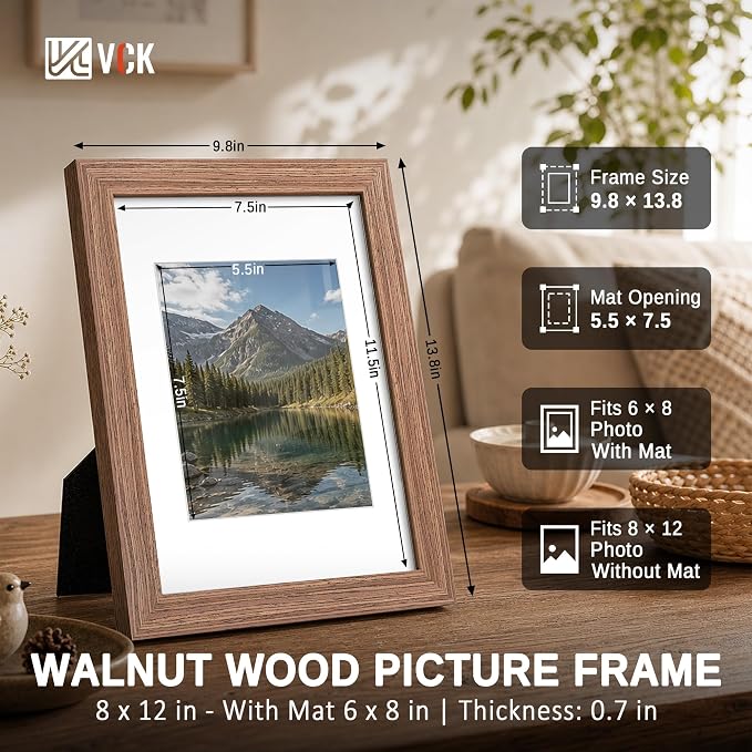 VCK 8x12 Picture Frames Walnut - 3 Pack, Wide Border Solid Wood, Tempered Glass, Display 6x8 Photo with Mat or 8 x 12 Without, for Home, Office, Gallery, Woodgrain Series, Tabletop & Wall Hanging