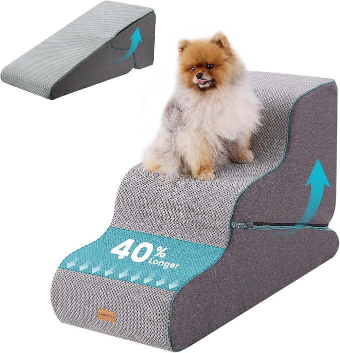 Gardner Pet Dog Stairs for Small Dogs 22.4" H, Large 2 in 1 Transformable 3-Step Pet Stairs and ramp, Dog Steps for High Bed (22-27") with Non-Slip Waterproof Cover CertiPUR-US Certified Foam, Grey