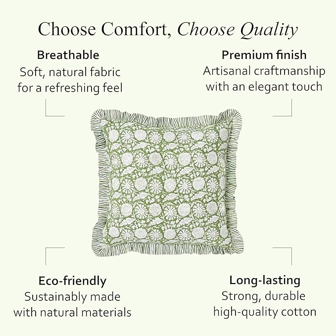 CPC Olive Bloom Hand Block Print 100% Cotton Ruffle Throw Pillow Cover 24x24 inch with Hidden Zipper Decorative for Couch, Bed, Sofa, Farmhouse, Cottagecore Decor Gift Christmas Fall Thanksgiving