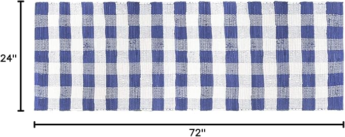 GLAMBURG Cotton Reversible Area Runner Rug 2' x 6' for Bedroom Living Room Kitchen Hallways Front Porch Laundry Room, Handwoven Farmhouse Floor Mat, Washable Checkered Plaid Runner Rug Blue White