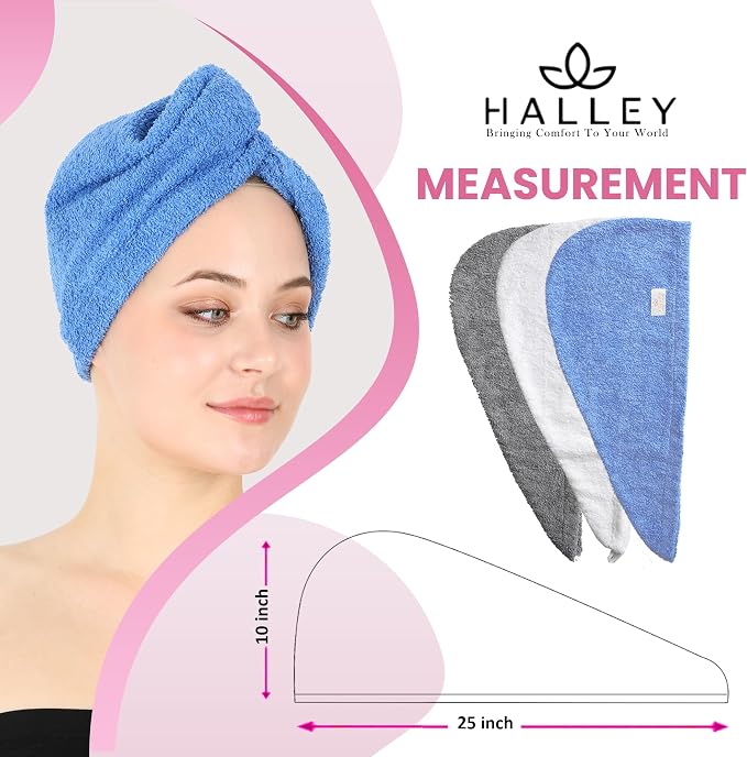 HALLEY Cotton Hair Towel Wrap (3 Packs) Super Absorbent Fast Drying Hair Towel for Thick Hair Turbans for Wet Hair with Button (Blue, White, Grey)
