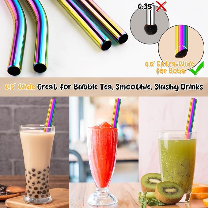 NiHome 4-Pack Stainless Steel Straws for Boba, Smoothie, 10.4” Metal Straws | 0.5'' Extra Wide Metal Reusable Straws, 2 Bent & 2 Straight Long Drinking Straw for Bubble Tea Milkshake, 1 Brush, Iridescent