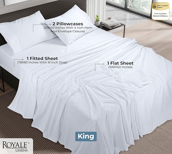 ROYALE LINENS 100% Organic Cotton King Sheet Set - Percale Weave - 4 Pieces Set - 1 Flat, 1 Deep Pocket Fitted Sheet and 2 Pillowcases - White Bed Sheets - Sábanas King - Crisp Cool (White)
