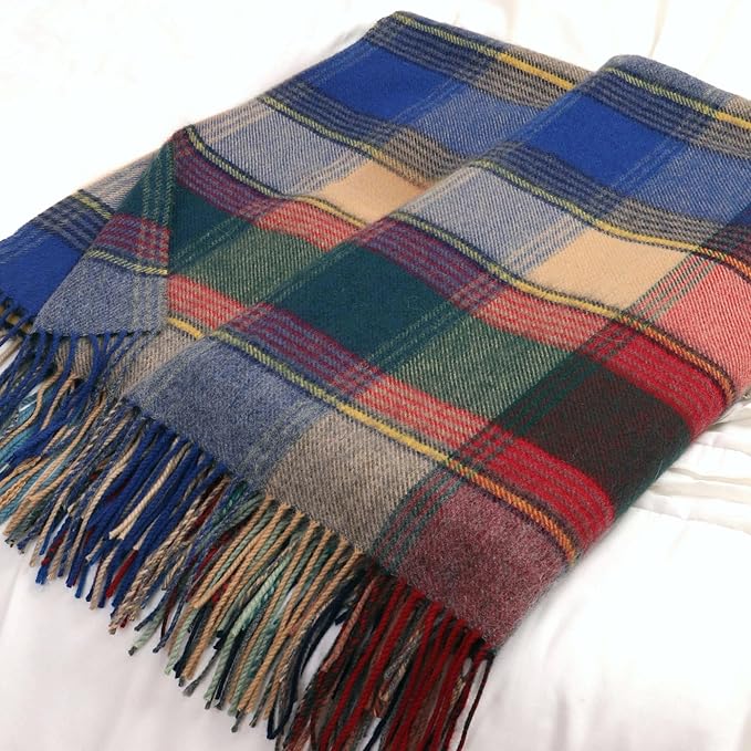 Soft Pure Wool Throw Blanket, Lightweight Warmth, 55"x83", Plaid, Fringe, Compact with Bag, Useful Gift for Women Men, All Season Decorative Cozy Travel Blanket for Couch Bed, Outdoors
