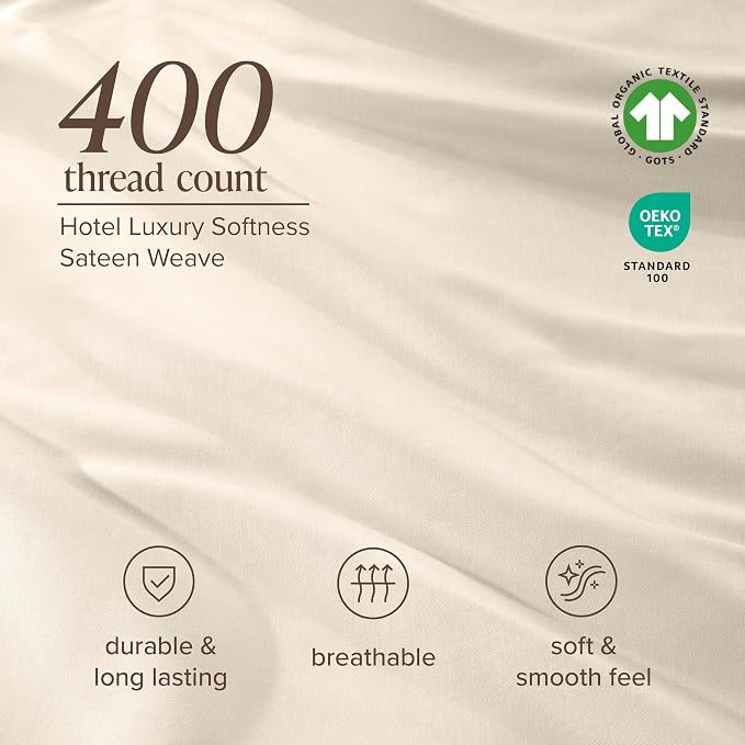 Bare Home 100% Organic Cotton Split King Sheet Set - 400 Thread Count - Smooth Sateen Weave - Breathable & Cooling - Hotel Luxury Set - Deep Pocket Bed Sheets (Split King, French Beige)