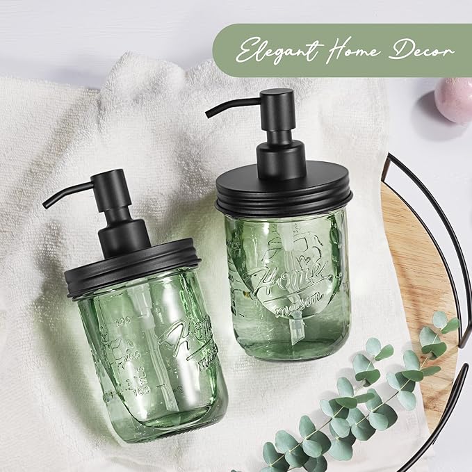 SheeChung 16Oz Mason Jar Green Glass Soap Dispenser, Stainless Steel Pump, Refillable Dish soap Dispenser for Kitchen, Bathroom Hand Soap Dispenser for Lotion, Liquid, Farmhouse Decor (Black, 2 Pack)