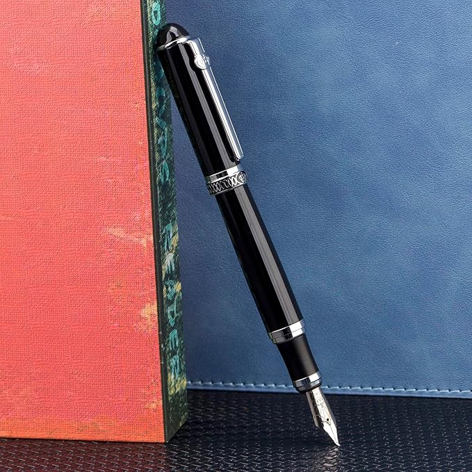 Lanxivi Duke D2 Fountain Pen Black Silver Trim Fine Nib with Additional Fude Nib (Bent Nib) and Converter Calligraphy Art Pen Set