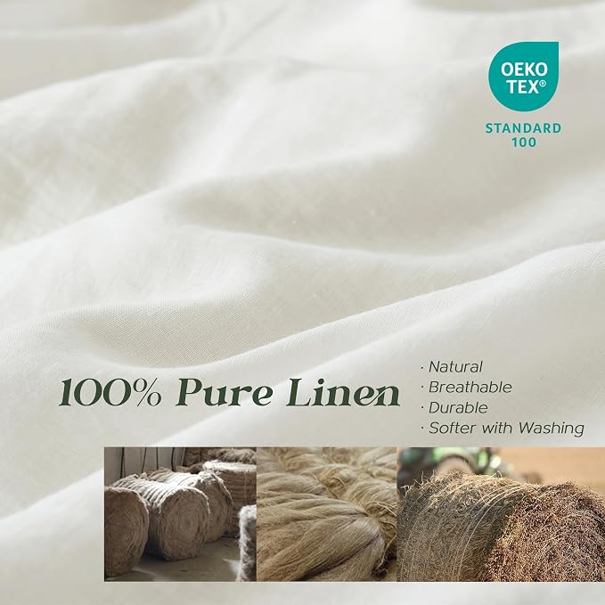 Simple&Opulence 100% Linen Duvet Cover Set, 3 PCS Natural French Flax White Duvet Cover King Size, Breathable Soft Comfy Linen Bedding Comforter Cover with 2 Pillowcases(White, 104"x92")