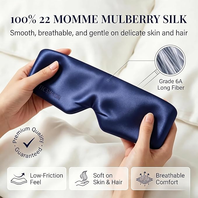 Silk Sleep Mask for Side Sleepers, Blackout Eye Mask for Sleeping Women Men, 100% 22 Momme Mulberry Silk, Full Coverage Face-Hugging Sleep Mask for Travel, Naps & Shift Workers, Blue