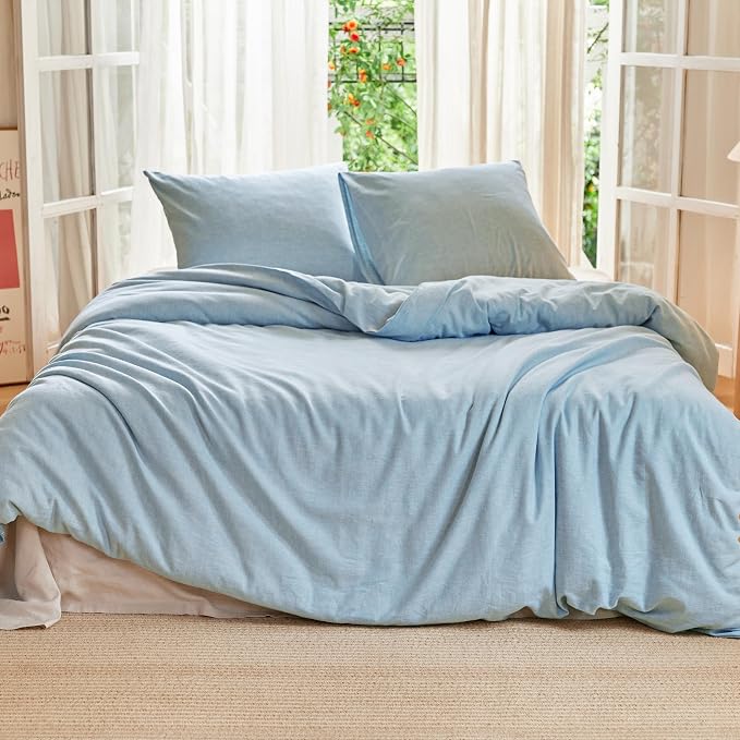 Simple&Opulence Linen Duvet Cover Set Queen Size - French Linen Cotton Woven Blend in Light Blue, 3 Pieces (1 Comforter Cover 88x92” + 2 Pillowcases), Soft & Breathable All-Season Farmhouse Bedding
