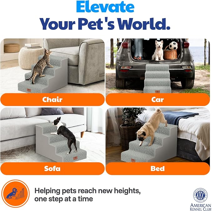 AKC – 4-Step Pet Stairs for Beds & Couch | Built for Small Dogs & Small Breeds | Long-Back & Senior Dogs | Lightweight, Soft, Non-Slip, Washable | No-Tool Assembly | Supports 35 lbs | 16x24x14.2 in