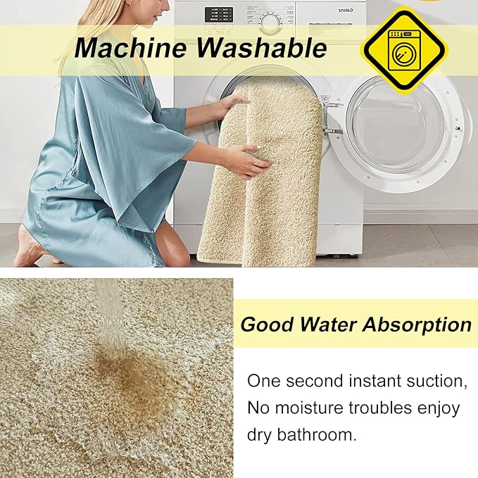 HDFK Bath Mat Non Slip 24x16 Inches Bathroom Rugs 2 Tone Plush Chenille Medium Pile with TPR Backing | Ultra Absorbent Solid Khaki | Shower Rug for Sink Front Tub Step Stain Concealing Decor