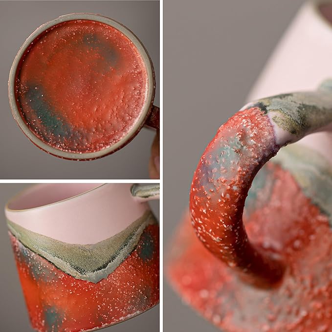 Vintage Coffee Mugs, 8 OZ Handmade Ceramic Coffee Mug with Handle, Pottery Coffee Cup for Morning Coffee, Tea & Latte, Lead-Free, Non-Toxic, Dishwasher & Microwave Safe for Home & Office.(Pink)