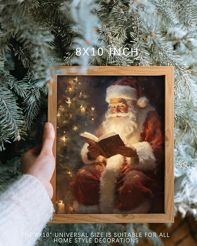 Vodefoad Vintage Christmas Claus Wall Art Santa Claus Reading Book Xmas Oil Canvas Prints Cottagecore Decor Academia Xmas Decor Winter Print for Holiday Christmas Dec - 8x10Inch Unframe