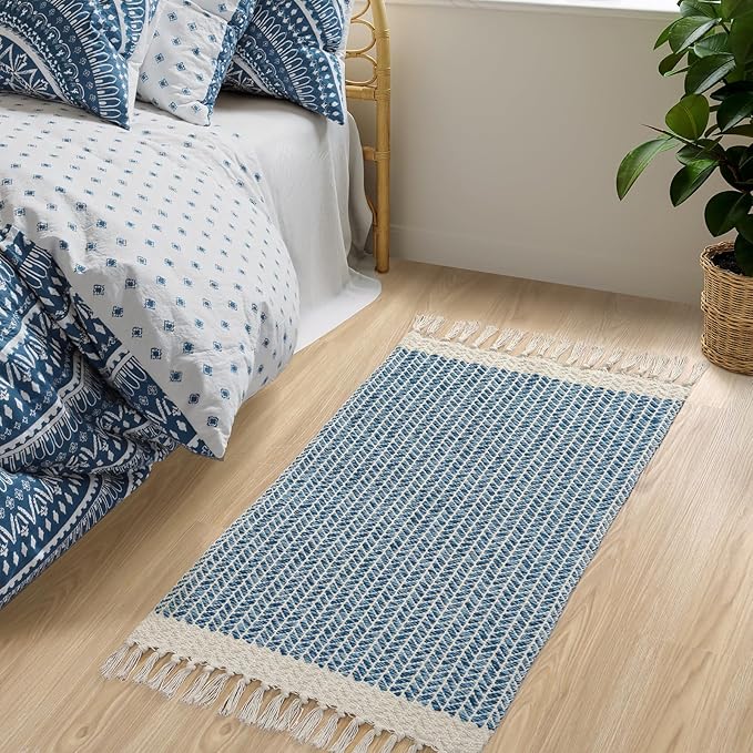Lahome Belle Boho Bathroom Rugs, Small 2x3 Front Door Bath Mats Lightweight Entryway Rug Woven Cotton Area Rug with Tassels, Farmhouse Blue Throw Rug Washable Low Pile Carpet for Kitchen