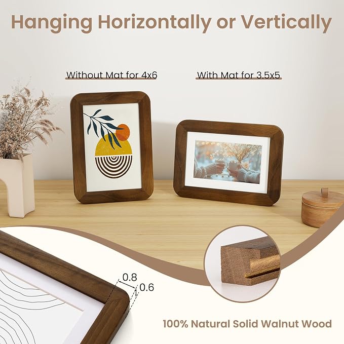 Fun Memories 4x6 Picture Frame - Solid Walnut Wood Frame, Handcrafted 4x6 Photo Frame Matted to 3.5x5 with Real Glass, Wall or Tabletop Display, 4 By 6 Photo Frame Wood, Natural Walnut