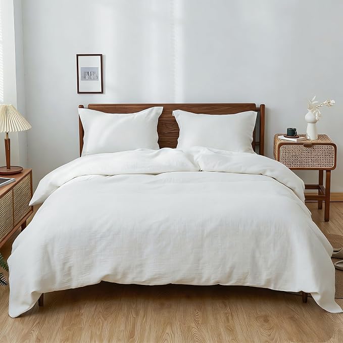 Simple&Opulence 100% Linen Duvet Cover Set, 3 PCS Natural French Flax White Duvet Cover California King Size, Breathable Soft Comfy Linen Bedding Comforter Cover with 2 Pillowcases(White, 104"x98")