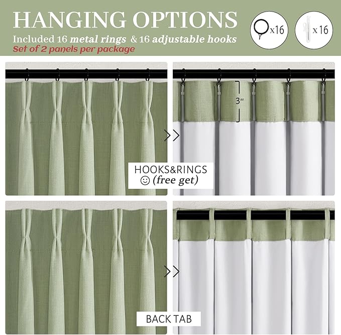 120 Inch Extra Long Sage Green Blackout High Ceiling Curtains for Living Room, Memory Trained Pinch Pleated Two Layer Linen Soundproof Heat Blocking Boho Large Windows Curtain 10FT Length 2 Panels Set
