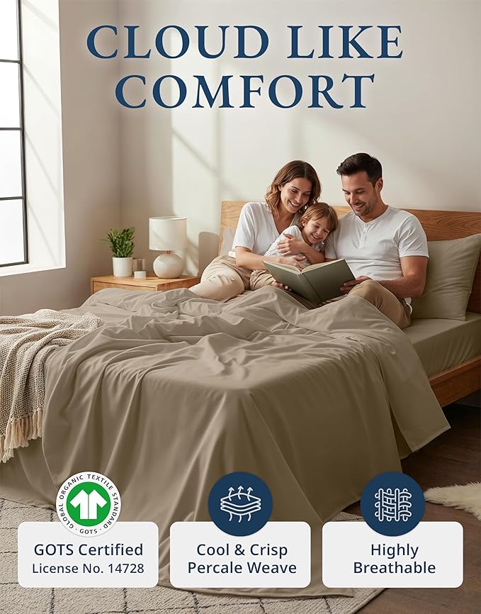LANE LINEN 100% Organic Cotton Sheets Set Pure Long- Staple Percale Weave - Bedding for Bed Fits Mattress Upto 15" Deep Pocket (Queen Taupe)