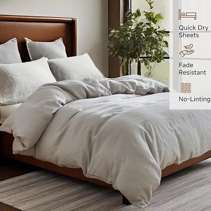 100% Linen Duvet Cover Set, 3 PCS Natural French Flax Light Grey Duvet Cover Queen Size, Breathable Soft Comfy Linen Bedding Comforter Cover with 2 Pillowcases(Light Grey, 88" x 92")