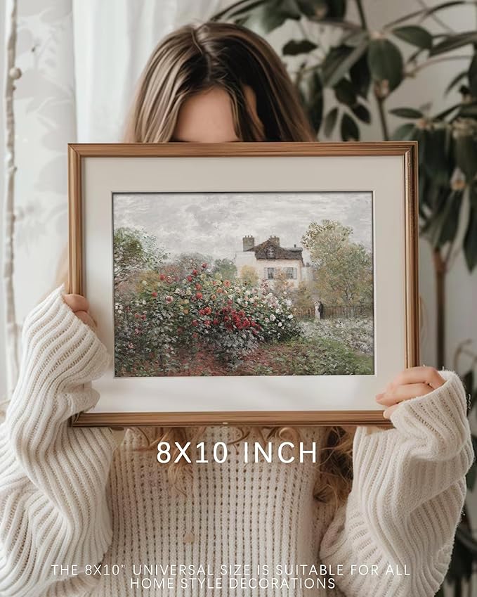 Vodefoad Vintage Rose Garden Wall Decor, Country Landscape Wall Art, Cottage Flower Garden Landscape Oil Art Print, Pastoral Style Retro Wall Decor for Gallery Living Room Bedroom (UNFRAMED 8x10in)