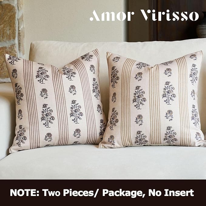 Amor Virisso Floral Throw Pillow Covers 22x22 Set of 2 Block Print Pillow Covers Neutral Floral Striped Farmhouse Decorative Pillow Covers for Sofa Couch Bed, Brown
