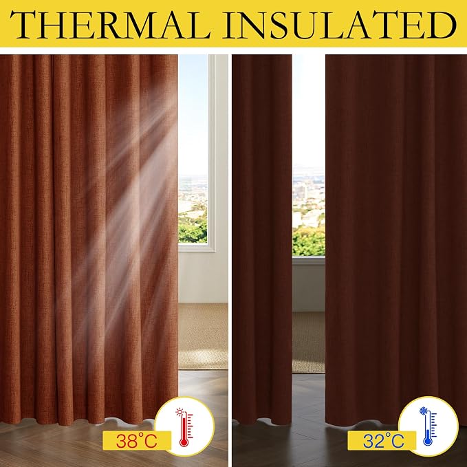 NICETOWN 100% Blackout Farmhouse Curtains 95" Length with Thermal Insulated Liners, Privacy Window Treatments Fall Home Decoration, Drapes for Cottage Living Room (2 Panels, 52" W, Burnt Orange)
