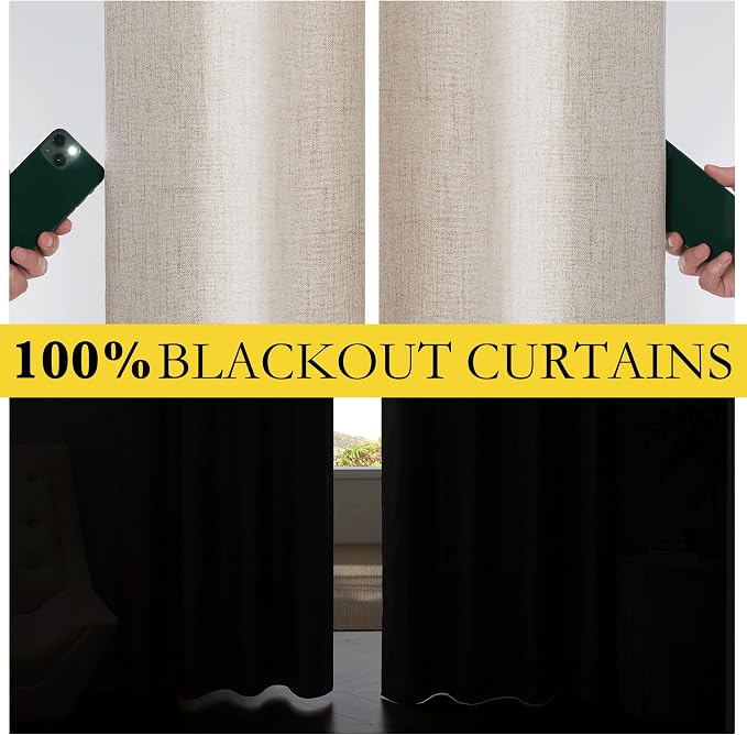 NICETOWN Natural Linen Blackout Curtain Panels 52 x 68 Inch, Set of 2 Thick Insulated Bedroom Draperies with Rod Pocket & Back Tab, Thermal Liner for Total Light Blocking Windows, Classic Style