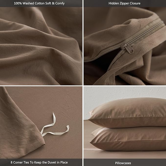 MooMee Oversized Queen Duvet Cover Set, 100% Washed Cotton Linen Like Twill Thick Sturdy Material Super Soft Breathable Durable Bedding for All Season, 3 Pieces (Bombay Brown, Oversized Queen 98"x98")