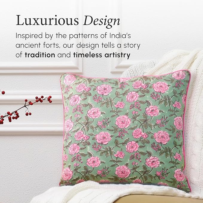 CPC 100% Cotton Throw Pillow Covers 24x24 Inch, Set of 2 Pink Block Print Pattern Couch Pillow, Cute Boho Decorative Pillows for Living Room, Bedroom with Hidden Zipper- Pink Tourmaline