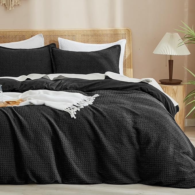 PHF Waffle Weave Duvet Cover Set Queen Size, No Snagging Ultra Soft Luxury Textured Breathable Comforter Cover for All Season 3pcs, Durable Bedding Duvet Set with 2 Pillow Shams, 90"x90", Black