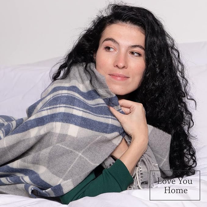 LYHome Cashmere Blanket with Merino - Luxury Wool Throw Soft Cozy and Warm, Decorative Throws Couch Bed Sofa, Warmest Blankets for Travel Camping & Cold Weather 55x79 | Grey - Dark Blue - White Tartan