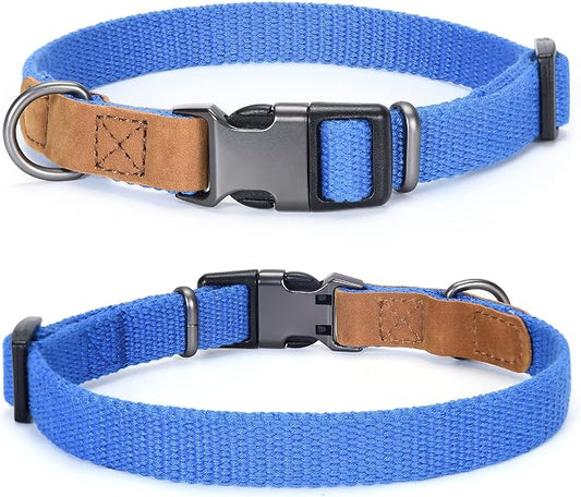 Mile High Life Genuine Leather Dog Collar, Soft Cotton Pet Collars with Heavy Metal Buckle for Small Large Dogs (Blue, M Neck 15"-18")
