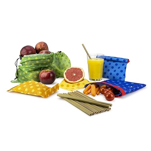 Mortier Pilon - Zero Waste Start Set of 9 Reusable Bags, 3 Beeswax Food Wraps and 12 Bamboo Straws