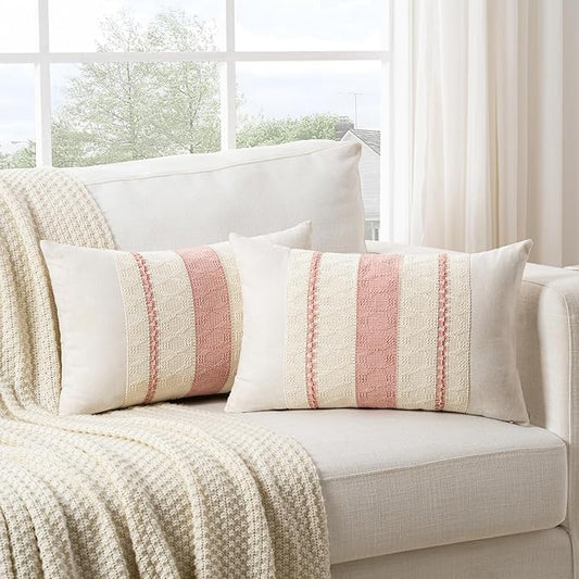 Fancy Homi Set of 2 Boho Pink Long Lumbar Decorative Throw Pillow Cover 16x24 Inch for Couch Bed Sofa Chair, Modern Organic Farmhouse Home Decor, Soft Cotton Cute Accent Rectangle Cushion Case