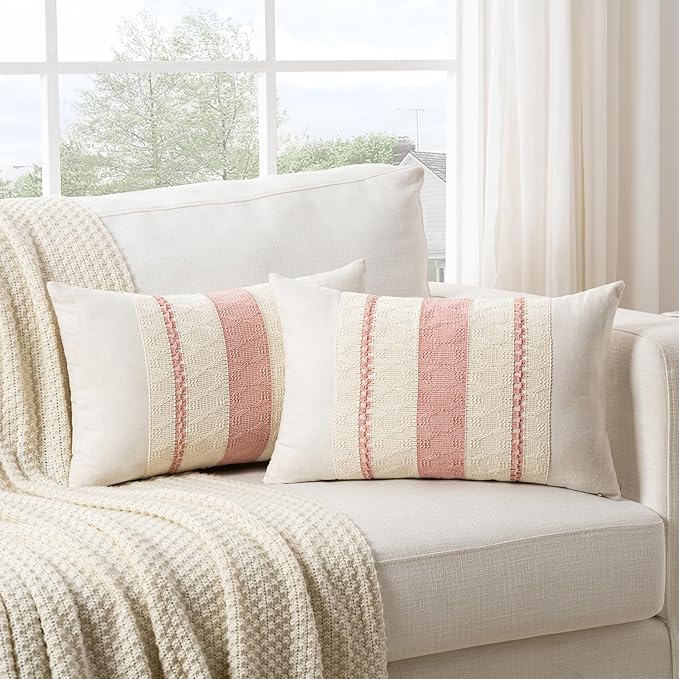 Fancy Homi Set of 1 Boho Pink Long Lumbar Decorative Throw Pillow Cover 12x24 Inch for Couch Bed Sofa Chair, Modern Organic Farmhouse Home Decor, Soft Cotton Cute Accent Rectangle Cushion Case