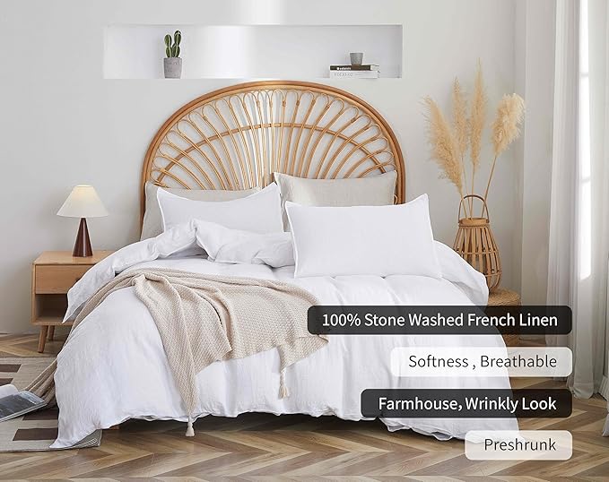 100% French Flax Linen Duvet Cover Set, King Size 104''x90'' 3 Pcs with 8 Corner Ties and Button Closure, Soft and Breathable for All Season(White, King)