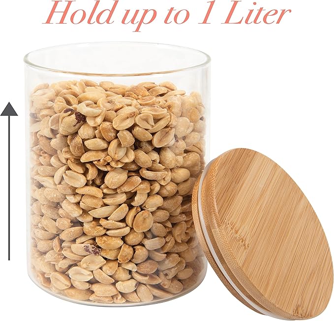 Kitchen Details Round Glass Jar | 1 Liter | Bamboo Airtight Seal Lid | Wide Mouth | Food Storage Canister | Tea or Coffee | Spices | Flour | Sugar | Clear