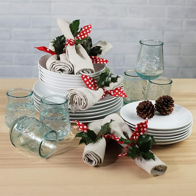 Euro Ceramica Bianco & Bara 24 Piece Dinnerware Set (Combination Pack) Set Includes 6 Bara Recycled Glass 14oz Tumblers + Bianco 18 Pieces Dishware, Standard