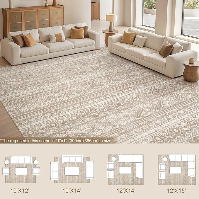 Tortania Area Rug Living Room Rugs - 10x12 Washable Large Soft Neutral Boho Moroccan Bohemian Farmhouse Rug Indoor Floor Carpet for Bedroom Under Dining Table Home Office Decor - Light Brown