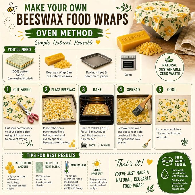 Beeswax Wraps for Food - Crafting Bar – Ready-to-Use Blend with Beeswax, Pine Rosin & Jojoba Oil – DIY Wrap Making Block for Reusable, Eco-Friendly Food Storage Refresher Bar ((1) Block)
