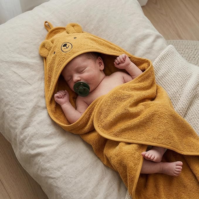 Hooded Baby Towel – 100% Organic Cotton Baby Bath Towels – Baby Boy and Girl Newborn Essentials - Super-Soft and Absorbent. (Bear - Autum Yellov)