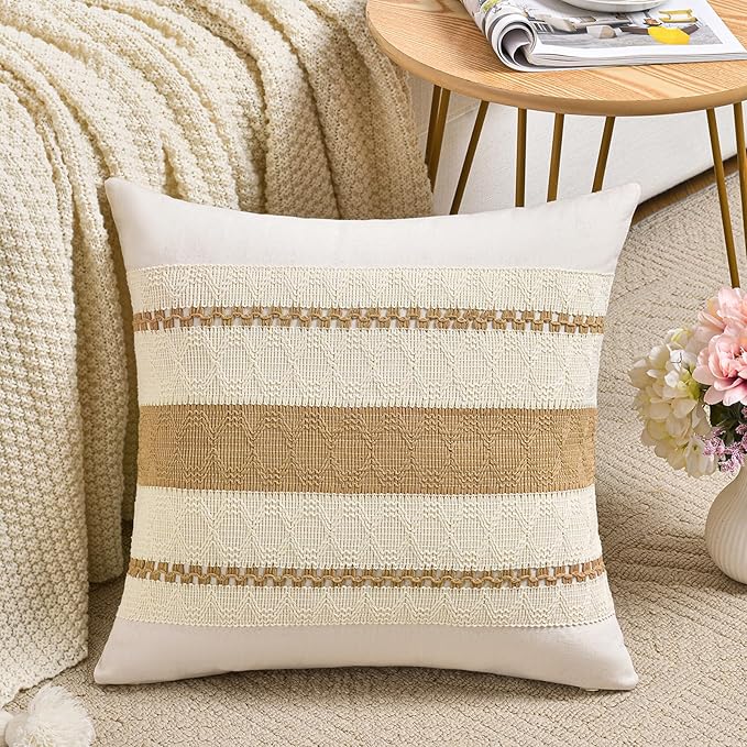 Fancy Homi Set of 2 Tan Neutral Decorative Throw Pillow Cover 22x22 Inch for Couch Bed Sofa, Aesthetic Modern Organic Farmhouse Boho Home Decor, Soft Cotton Cute Accent Macrame Woven Cushion Case Gift