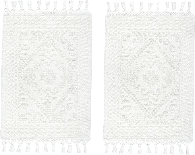 COTTON CRAFT Woven Area Rug - 2 Pack Cotton Jacquard Textured Rug - Boho Farmhouse Rustic Throw Rug with Fringe - Machine Washable Accent Mat for Bedroom Living Room Entryway Nursery - 20x32 - White