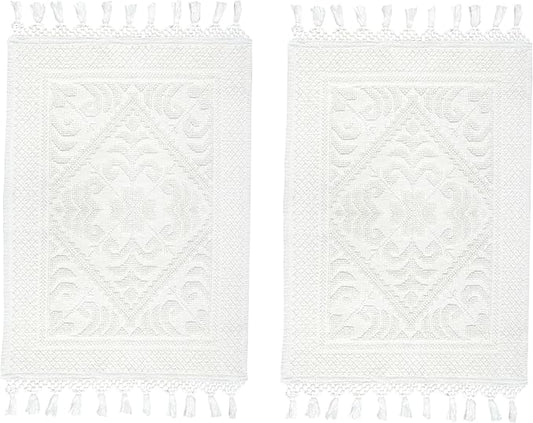 COTTON CRAFT Woven Area Rug - 2 Pack Cotton Jacquard Textured Rug - Boho Farmhouse Rustic Throw Rug with Fringe - Machine Washable Accent Mat for Bedroom Living Room Entryway Nursery - 20x32 - White