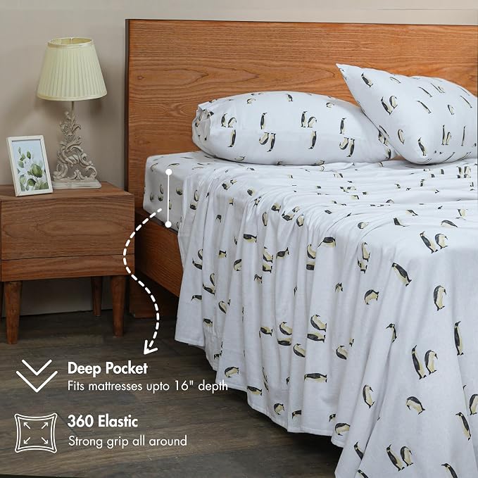 RUVANTI Flannel Sheets Full Size - GOTS Certified 100% Organic Cotton, 4 Piece Warm, Soft & Breathable Set, Deep Pocket Snug Fit, Double Brushed Cozy All Season Bedding, Polar Parade