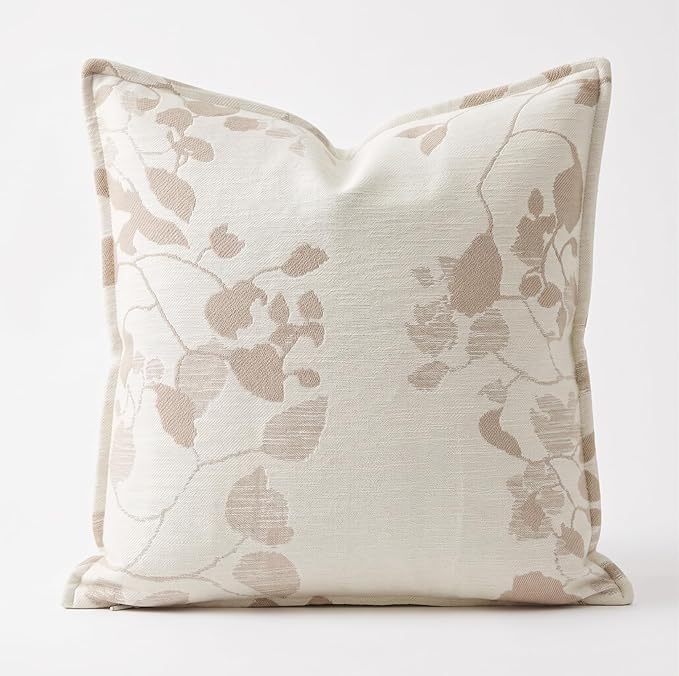 SanVia Cotton Throw Pillow Covers 20x20 – Handwoven Jacquard Texture, Fade-Resistant, No Pilling – Hidden Zipper, Decorative Cushion Cover for Sofa, Couch, Bed – Insert Not Included (Floral, Beige)