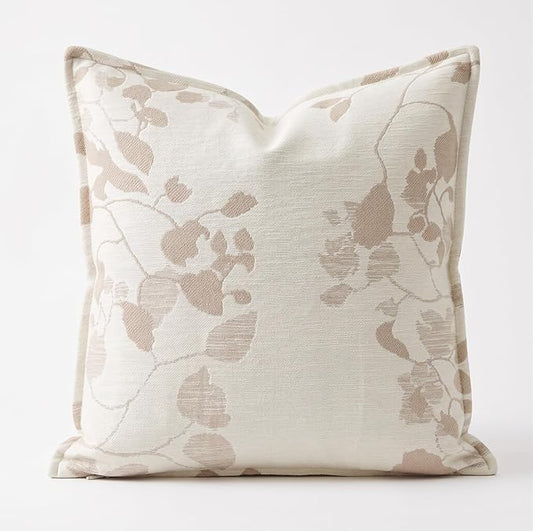 SanVia Cotton Throw Pillow Covers 20x20 – Handwoven Jacquard Texture, Fade-Resistant, No Pilling – Hidden Zipper, Decorative Cushion Cover for Sofa, Couch, Bed – Insert Not Included (Floral, Beige)