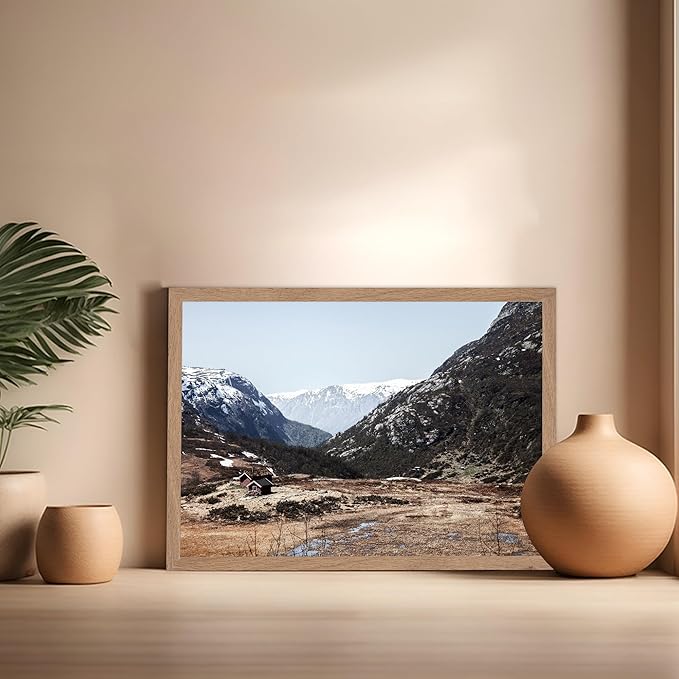 Monem Art Scandinavian Mountain Cabin Landscape Photography Print - Nordic Nature Scenic Art Poster - Wall Decor for Living Room, Bedroom or Office - 16x20 Beige Framed Wall Art by Mareike Bohmer