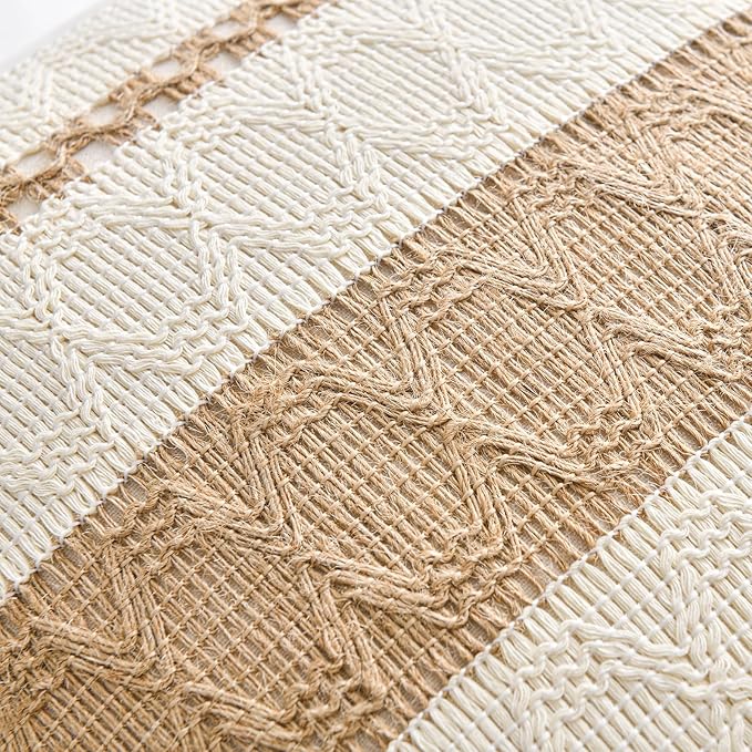 Fancy Homi Set of 2 Boho Neutral Long Lumbar Decorative Throw Pillow Cover 16x24 Inch for Couch Bed Sofa Chair, Modern Organic Farmhouse Home Decor, Soft Cotton Cute Accent Tan Rectangle Cushion Case